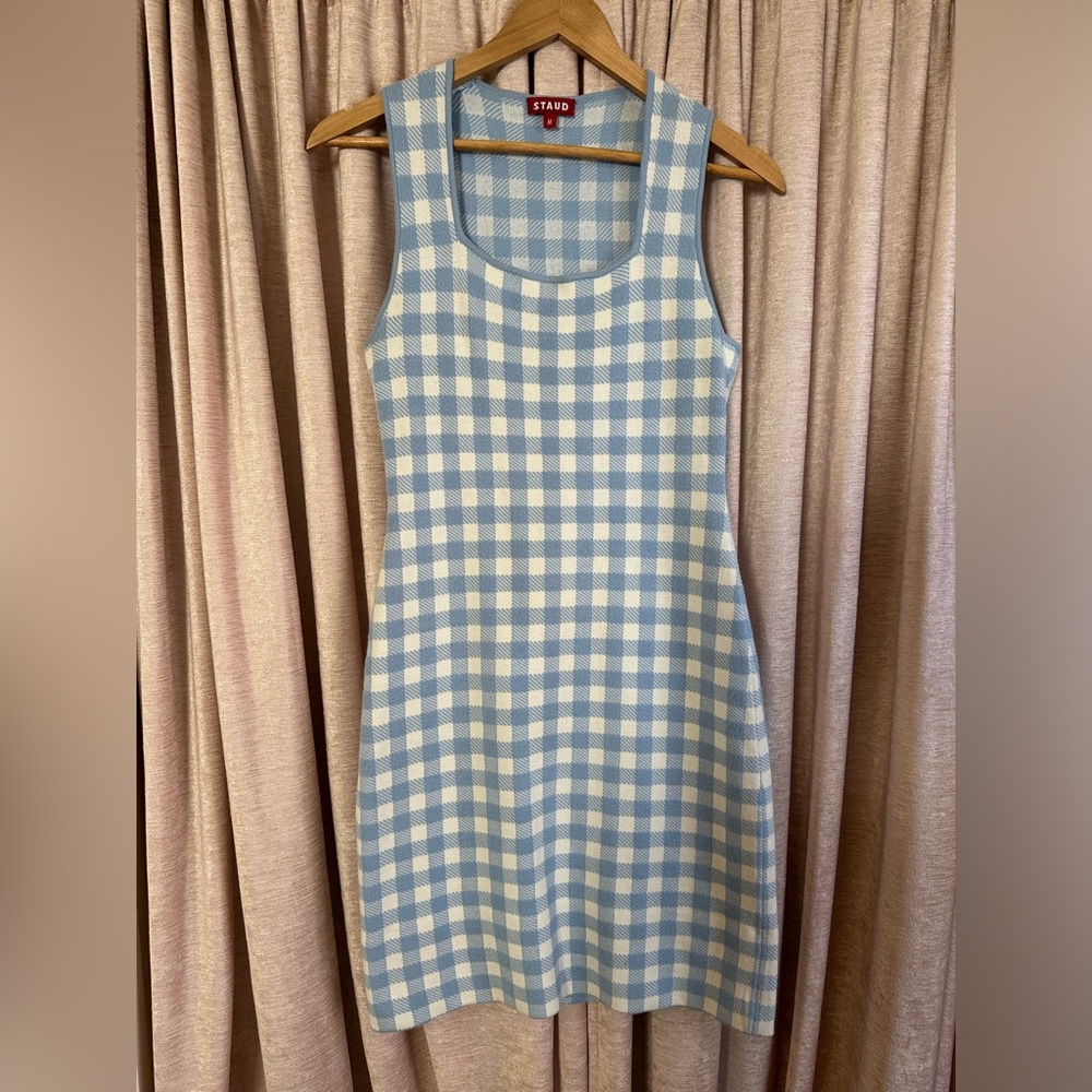 NWOT STAUD Dorinne Gingham Knit Dress French Blue - M